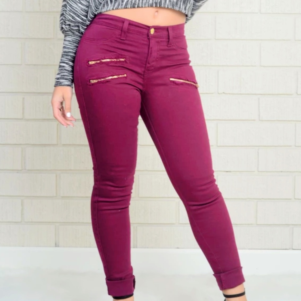Fashion Nova Burgundy Jeans Gold Zippers-11